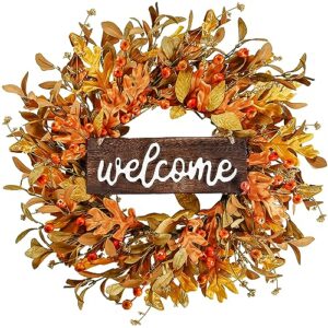 sggvecsy artificial fall wreath 18’’ autumn front door wreath harvest wreath with fall leaves small pumpkins cluster of berries for outside indoor wall window festival thanksgiving fall autumn decor