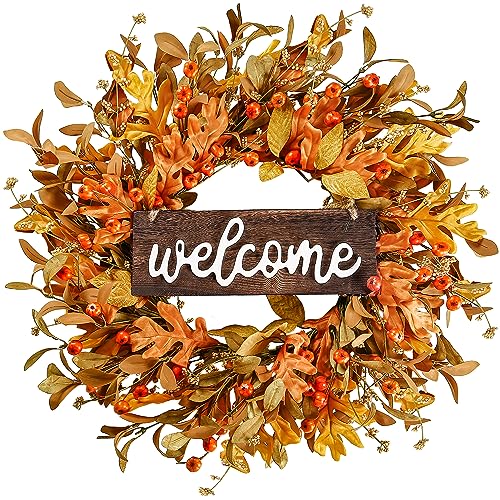 Sggvecsy Artificial Fall Wreath 18’’ Autumn Front Door Wreath Harvest Wreath with Fall Leaves Small Pumpkins Cluster of Berries for Outside Indoor Wall Window Festival Thanksgiving Fall Autumn Decor