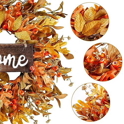 Sggvecsy Artificial Fall Wreath 18’’ Autumn Front Door Wreath Harvest Wreath with Fall Leaves Small Pumpkins Cluster of Berries for Outside Indoor Wall Window Festival Thanksgiving Fall Autumn Decor