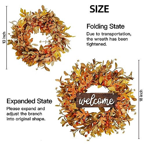 Sggvecsy Artificial Fall Wreath 18’’ Autumn Front Door Wreath Harvest Wreath with Fall Leaves Small Pumpkins Cluster of Berries for Outside Indoor Wall Window Festival Thanksgiving Fall Autumn Decor