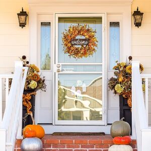 Sggvecsy Artificial Fall Wreath 18’’ Autumn Front Door Wreath Harvest Wreath with Fall Leaves Small Pumpkins Cluster of Berries for Outside Indoor Wall Window Festival Thanksgiving Fall Autumn Decor