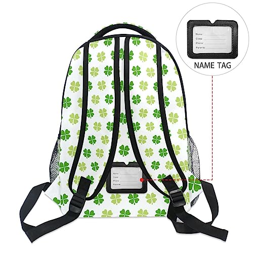 Backpack Patrick's Day Clover Leaves Shamrock Green White Daypack Shoulder Bag with Name Label Tag for Travel Hiking Casual Camping Sports Gym