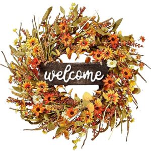 sggvecsy artificial fall wreath 22’’ autumn front door wreath harvest wreath with orange daisy ear of wheat mixed flowers and leaves for outside indoor wall window festival thanksgiving autumn decor