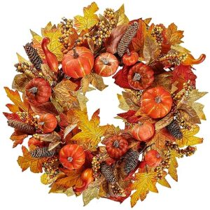 sggvecsy artificial fall wreath 18’’ autumn front door wreath harvest wreath with various pumpkin cluster of berries maple leaves pine cones for outside indoor wall thanksgiving fall autumn decor
