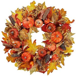 Sggvecsy Artificial Fall Wreath 18’’ Autumn Front Door Wreath Harvest Wreath with Various Pumpkin Cluster of Berries Maple Leaves Pine Cones for Outside Indoor Wall Thanksgiving Fall Autumn Decor