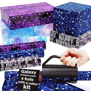 THMORT Galaxy Birthday Wrapping Paper Roll with a Cutter Kit for Boys&Girls,Adults,Kids.17 Inch X 120 Inch Gift Wrapping Paper Galaxy Happy Birthday lettering 4 Rolls.