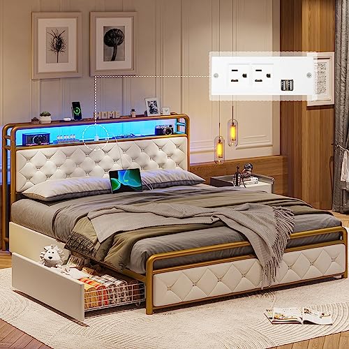 ADORNEVE LED Bed Frame Full with Storage Headboard,Full Size Platform Bed Frame with Charging Station,Bed Frame with Drawers,Velvet Tufted Headboard,Noise-Free,Creamy White & Gold