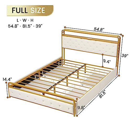 ADORNEVE LED Bed Frame Full with Storage Headboard,Full Size Platform Bed Frame with Charging Station,Bed Frame with Drawers,Velvet Tufted Headboard,Noise-Free,Creamy White & Gold