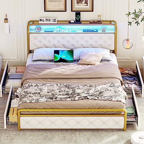 ADORNEVE LED Bed Frame Full with Storage Headboard,Full Size Platform Bed Frame with Charging Station,Bed Frame with Drawers,Velvet Tufted Headboard,Noise-Free,Creamy White & Gold