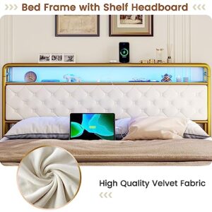 ADORNEVE LED Bed Frame Full with Storage Headboard,Full Size Platform Bed Frame with Charging Station,Bed Frame with Drawers,Velvet Tufted Headboard,Noise-Free,Creamy White & Gold