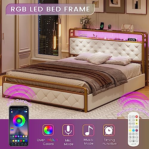 ADORNEVE LED Bed Frame Full with Storage Headboard,Full Size Platform Bed Frame with Charging Station,Bed Frame with Drawers,Velvet Tufted Headboard,Noise-Free,Creamy White & Gold