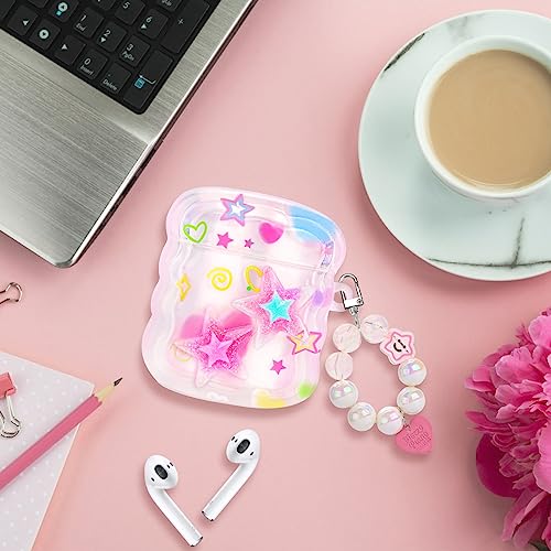 Mainrenka Cute Star Airpod Case with Keychain Aesthetic Kawaii Airpods 2nd/1st Generation Case Cover for Women Girl