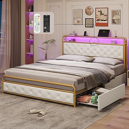 BTHFST Full Size Bed Frame with Built-in LED Light Headboard & Storage Drawers, USB Ports & Outlets, Upholstered Platform Bed Frame with Diamonds Tufting, Mattress Foundation, Creamy White & Gold