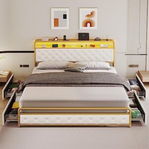 BTHFST Full Size Bed Frame with Built-in LED Light Headboard & Storage Drawers, USB Ports & Outlets, Upholstered Platform Bed Frame with Diamonds Tufting, Mattress Foundation, Creamy White & Gold