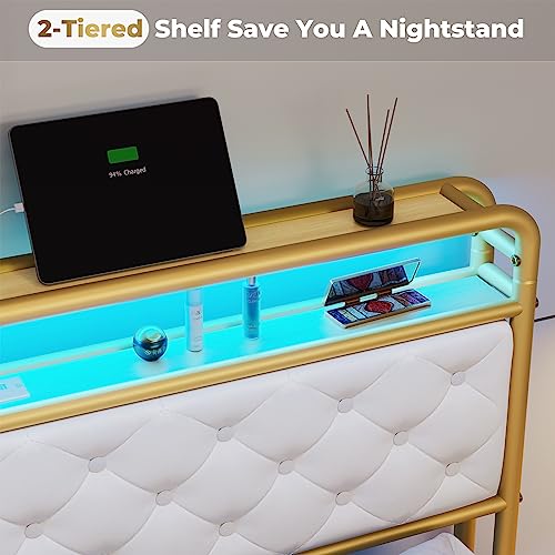 BTHFST Full Size Bed Frame with Built-in LED Light Headboard & Storage Drawers, USB Ports & Outlets, Upholstered Platform Bed Frame with Diamonds Tufting, Mattress Foundation, Creamy White & Gold