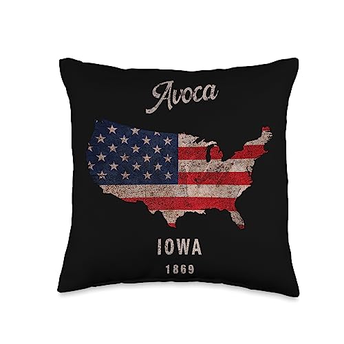 USA Classic Grunge Map Retro Apparel Avoca, Iowa 1869 Throw Pillow, 16x16, Multicolor