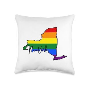 new york map usa state rainbow pride flag map usa state new york rainbow flag pride month throw pillow, 16x16, multicolor