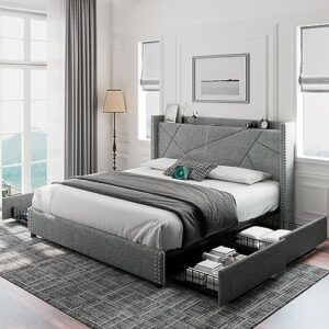 feonase king size bed frame with 4 storage drawers, upholstered platform bed frame with charging station & wingback headboard, solid wood slats support, no box spring needed, noise-free, light gray