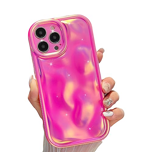 LY&SASIF Compatible with iPhone 14 Pro Holographic Case, Cute Laser 3D Water Ripple Bling Glitter Luxury Wave Shape Phone case for Women Girls Silicone Protection Cover (hot Pink)