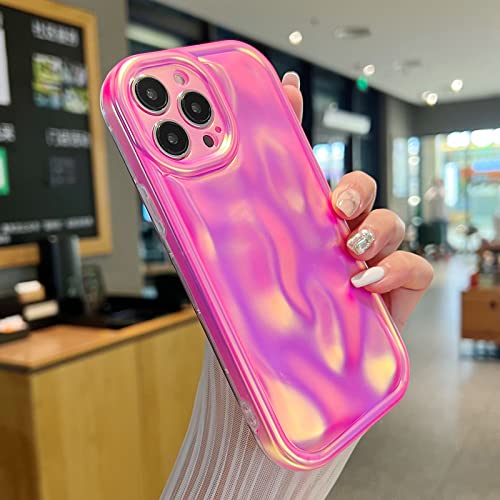 LY&SASIF Compatible with iPhone 14 Pro Holographic Case, Cute Laser 3D Water Ripple Bling Glitter Luxury Wave Shape Phone case for Women Girls Silicone Protection Cover (hot Pink)