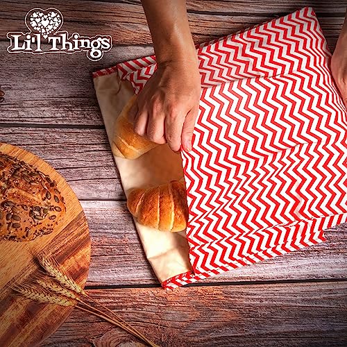 Li'l Things Eco-friendly Reusable Beeswax Bread bags | Set of 2 Sizes 13'x13' & 15’x 9’ | 6 Different Themes | Perfect Bag for Home-Baked | Store-Bought Bread | No Plastic | Red Zig Zag