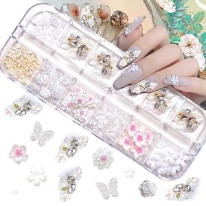 cq zagir 140 pcs 3d flower nail art charms white nail charms for acrylic nail supplies luxurious mixed nail art rhinestones nail gems nail accessories diy nail decorations