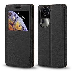 shantime for oppo reno 10 pro plus 5g case, wood grain leather case with card holder and window, magnetic flip cover for oppo reno 10 pro+ (6.74”) black
