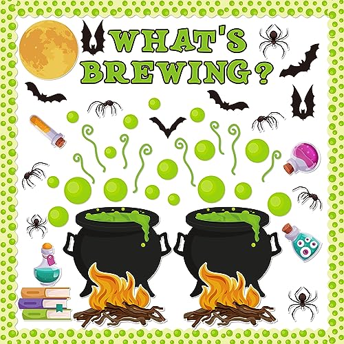 CPicdn 132Pcs Halloween Classroom Bulletin Board Decoration Set, Halloween Cauldron What’s Brewing Decoration Spider Bat Moon Cutouts Trick or Treat Party Supplies for School Classroom Home Wall Decor