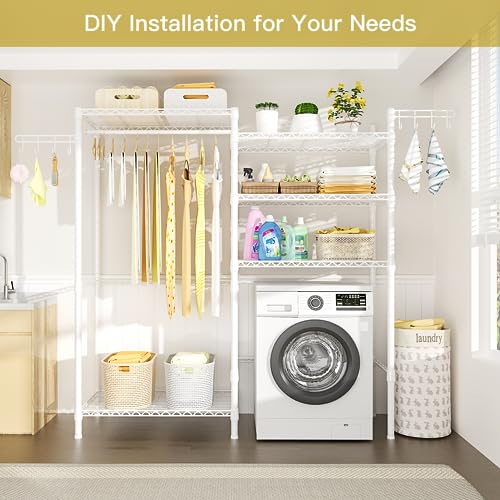 Ulif U6 Clothes Drying Rack, 5 Tiers Freestanding Over Washer and Dryer Laundry Room Storage and Organizer, Heavy-Duty Space Saver Shelf for Hanging Clothes and Towels, 65.3”W x 13.4”D x 77.5”H, White