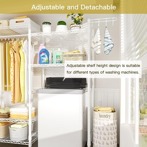 Ulif U6 Clothes Drying Rack, 5 Tiers Freestanding Over Washer and Dryer Laundry Room Storage and Organizer, Heavy-Duty Space Saver Shelf for Hanging Clothes and Towels, 65.3”W x 13.4”D x 77.5”H, White