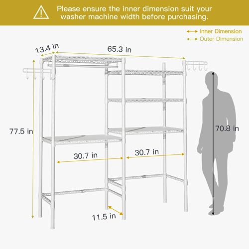 Ulif U6 Clothes Drying Rack, 5 Tiers Freestanding Over Washer and Dryer Laundry Room Storage and Organizer, Heavy-Duty Space Saver Shelf for Hanging Clothes and Towels, 65.3”W x 13.4”D x 77.5”H, White