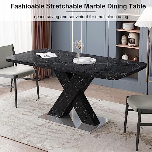 HomVent Expandable Dining Table with Wooden Top Faux Marble Dining Room Table for 4-6 People,Expandable 47.24”-62.99" Dining Room Table Black Marble Grain Kitchen Table for Small Space,Apartment