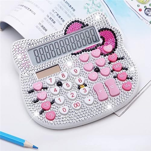 Cute Calculator Cat Crystal Calculator Girl and Women Pink Calculator Large LCD Display Dual Drive by Solar Energy and Battery for School Office Home