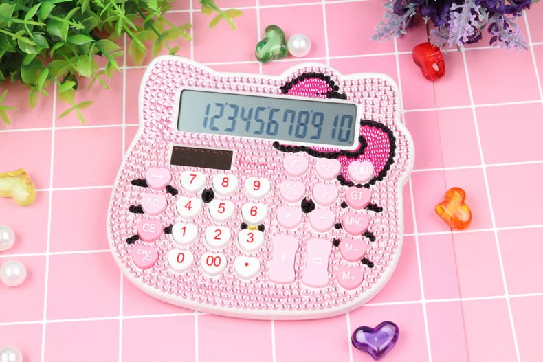 Cute Calculator Cat Crystal Calculator Girl and Women Pink Calculator Large LCD Display Dual Drive by Solar Energy and Battery for School Office Home