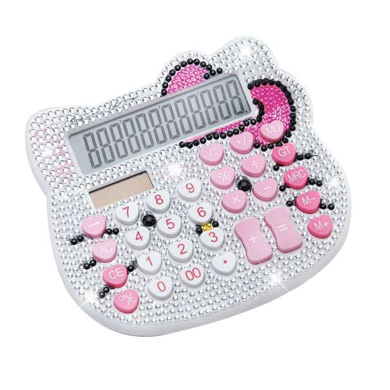 Cute Calculator Cat Crystal Calculator Girl and Women Pink Calculator Large LCD Display Dual Drive by Solar Energy and Battery for School Office Home