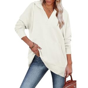 womens oversized sweatshirt v neck long sleeve hoodie lightweight pullover tops with pockets white