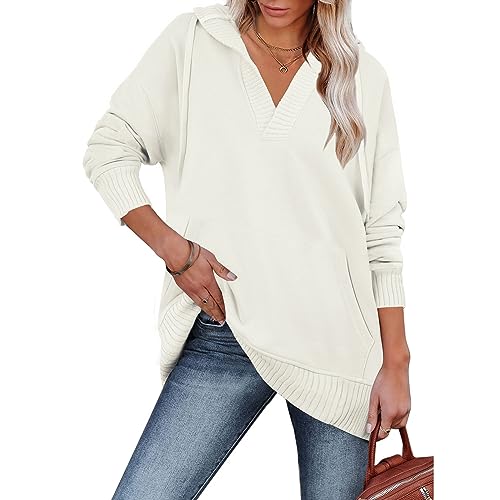 Womens Oversized Sweatshirt V Neck Long Sleeve Hoodie Lightweight Pullover Tops with Pockets White