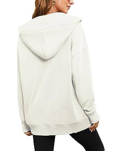 Womens Oversized Sweatshirt V Neck Long Sleeve Hoodie Lightweight Pullover Tops with Pockets White