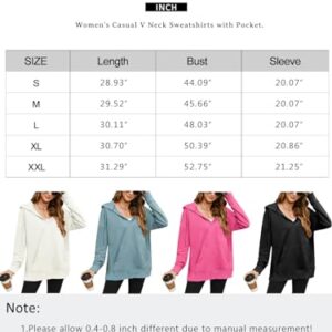 Womens Oversized Sweatshirt V Neck Long Sleeve Hoodie Lightweight Pullover Tops with Pockets White