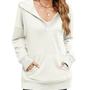 Womens Oversized Sweatshirt V Neck Long Sleeve Hoodie Lightweight Pullover Tops with Pockets White