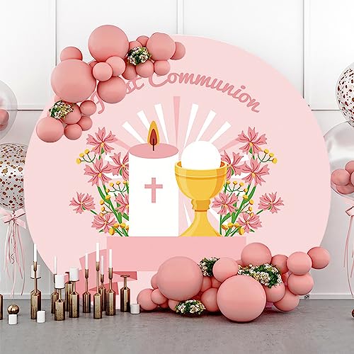 AOFOTO 3x3ft First Communion Baptism Round Backdrop Cover Blush Pink Flower Cross Gold Chalice Candle Christening Circle Photography Background Girl Baby Shower Birthday Party Decorations