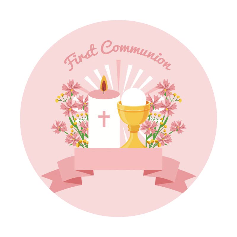 AOFOTO 3x3ft First Communion Baptism Round Backdrop Cover Blush Pink Flower Cross Gold Chalice Candle Christening Circle Photography Background Girl Baby Shower Birthday Party Decorations