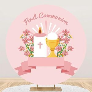 AOFOTO 3x3ft First Communion Baptism Round Backdrop Cover Blush Pink Flower Cross Gold Chalice Candle Christening Circle Photography Background Girl Baby Shower Birthday Party Decorations