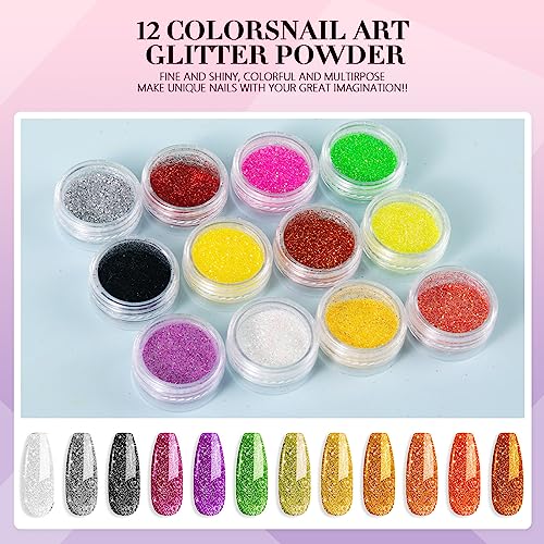 Acrylic Nail Kit, Nail Kit Set, Professional Nail Beginner Kit, 12 Glitter Acrylic Powder, Nail Art Tip, DIY Tool, Nail Supplie, Everything Acrylic Nail Brush Nail Art Supplie, Nail Tip for Beginner