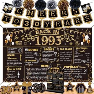 30th birthday decorations for men women,16pcs back in 1993 banner 30 year old party decorations,including vintage 1993 banner,1993 poster anniversary card,cheers to 30 years banner,7 hanging swirl,6 paper poms,30th birthday gifts for men