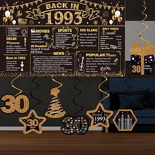 30th Birthday Decorations for Men Women,16PCS Back in 1993 Banner 30 Year Old Party Decorations,Including Vintage 1993 Banner,1993 Poster Anniversary Card,Cheers to 30 years banner,7 Hanging Swirl,6 paper Poms,30th Birthday Gifts for Men