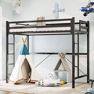 ikifly metal loft bed twin size, heavy duty junior loft bed frame with 2 ladders & safety guard rail, noise free, space-saving, no box spring needed - black