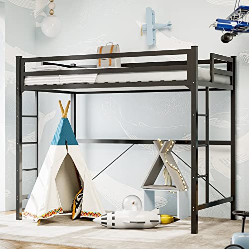 IKIFLY Metal Loft Bed Twin Size, Heavy Duty Junior Loft Bed Frame with 2 Ladders & Safety Guard Rail, Noise Free, Space-Saving, No Box Spring Needed - Black