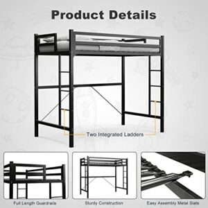 IKIFLY Metal Loft Bed Twin Size, Heavy Duty Junior Loft Bed Frame with 2 Ladders & Safety Guard Rail, Noise Free, Space-Saving, No Box Spring Needed - Black