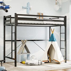 IKIFLY Metal Loft Bed Twin Size, Heavy Duty Junior Loft Bed Frame with 2 Ladders & Safety Guard Rail, Noise Free, Space-Saving, No Box Spring Needed - Black